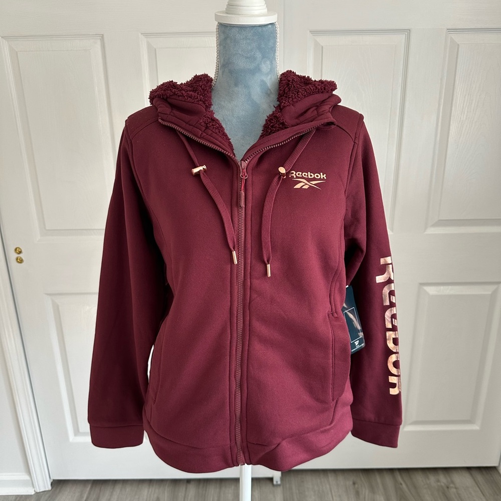 NWT Reebok Maroon Red Rose Gold Trim Fleece Lined Cotton Hoodie Zip Jacket Sz L